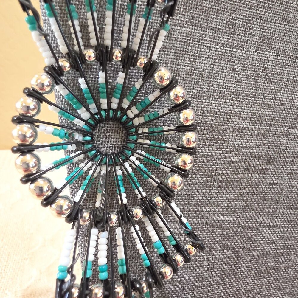 Vintage Squash Blossom Turquoise White Black Handmade Beaded Safety Pin Necklace - Picture 9 of 14